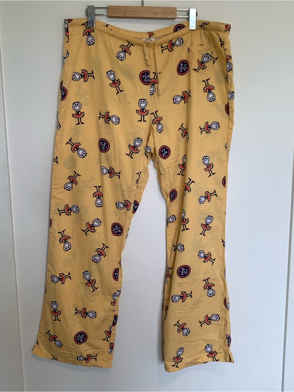 Life is Good Yellow Pajama Pants Womens Size Large Cotton Tie Waist Smiley Face